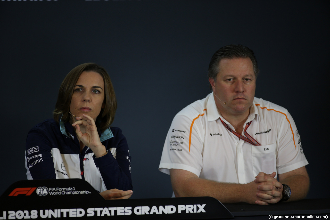 GP USA, 19.10.2018- Venerdi' Official Fia press conference, L to R Claire Williams (GBR) Williams Deputy Team Principal, Zak Brown (USA) McLaren Executive Director
