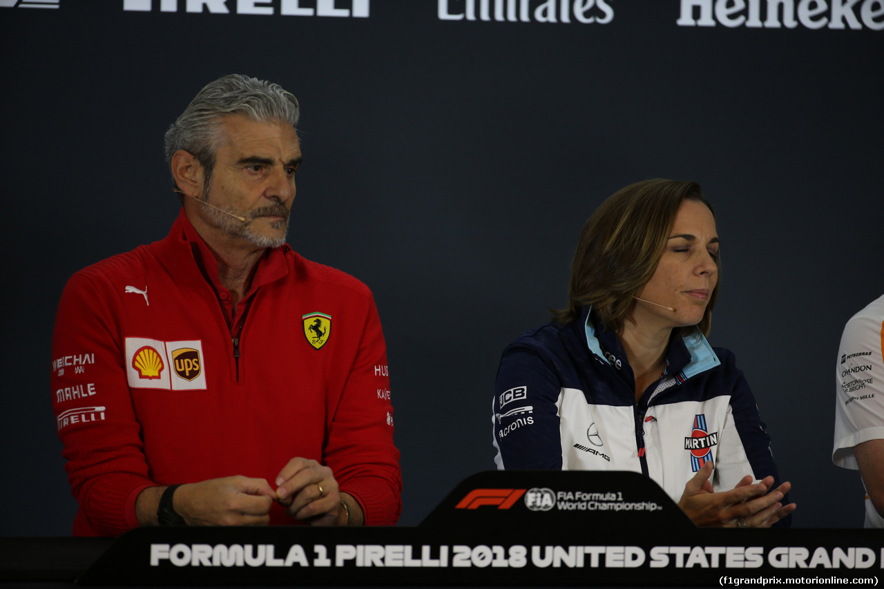GP USA, 19.10.2018- Venerdi' Official Fia press conference, Maurizio Arrivabene (ITA) Ferrari Team Principal, Claire Williams (GBR) Williams Deputy Team Principal