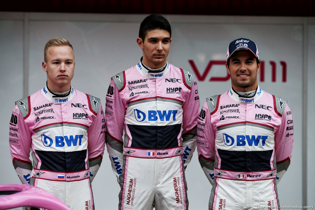 TEST F1 BARCELLONA 26 FEBBRAIO, (L to R): Nikita Mazepin (RUS) Sahara Force India F1 Team with Esteban Ocon (FRA) Sahara Force India F1 Team e Sergio Perez (MEX) Sahara Force India F1. 
26.02.2018.