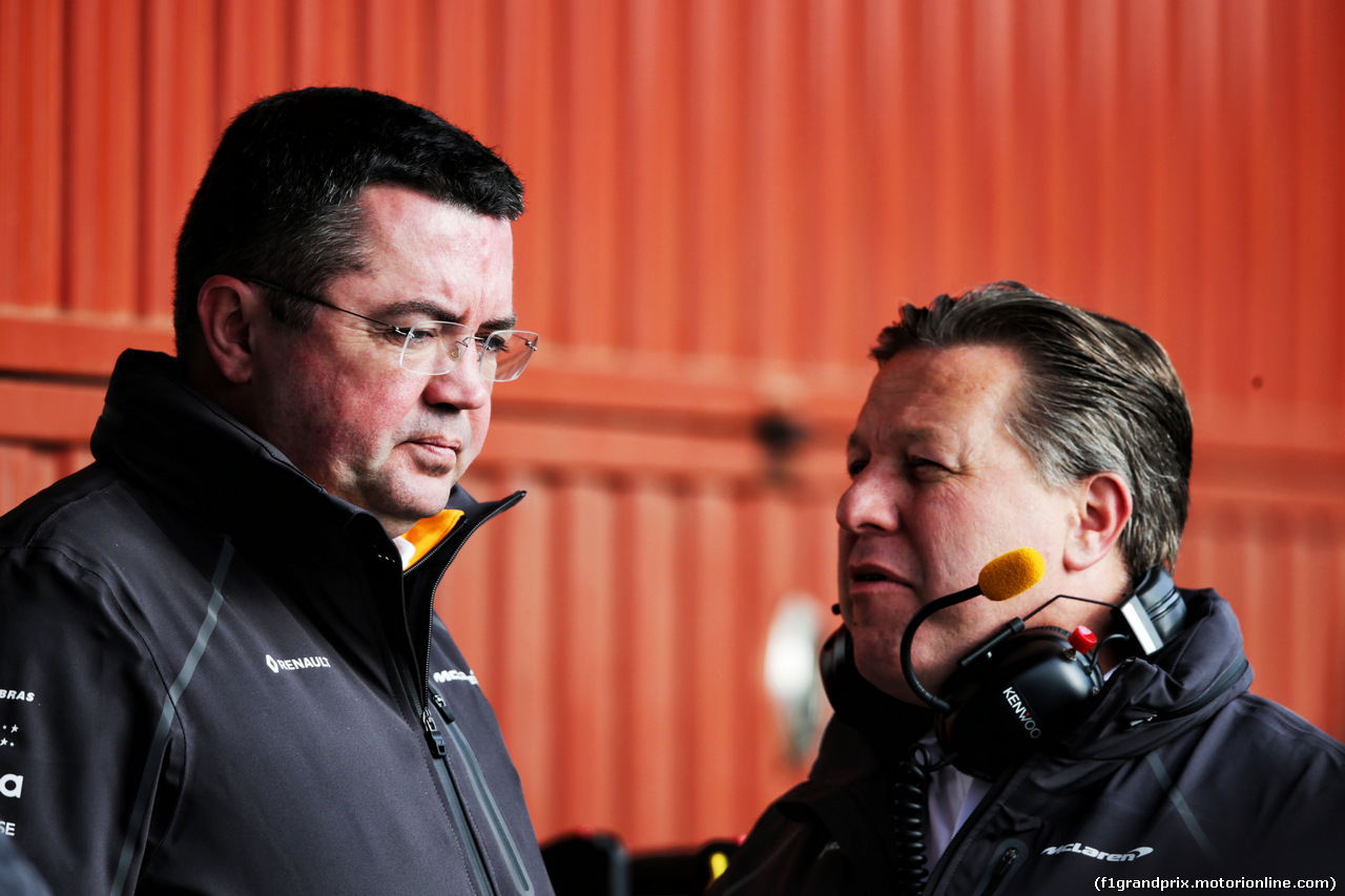 TEST F1 BARCELLONA 26 FEBBRAIO, (L to R): Eric Boullier (FRA) McLaren Racing Director with Zak Brown (USA) McLaren Executive Director.
26.02.2018.