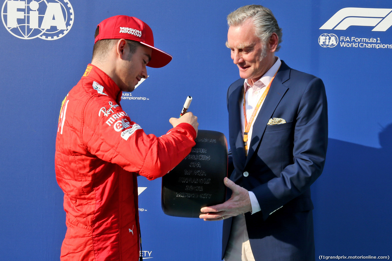 GP ABU DHABI, Charles Leclerc (MON) Ferrari with Sean Bratches (USA) Formula 1 Managing Director, Commercial Operations - Pirelli Pole Position Award.
01.12.2019.