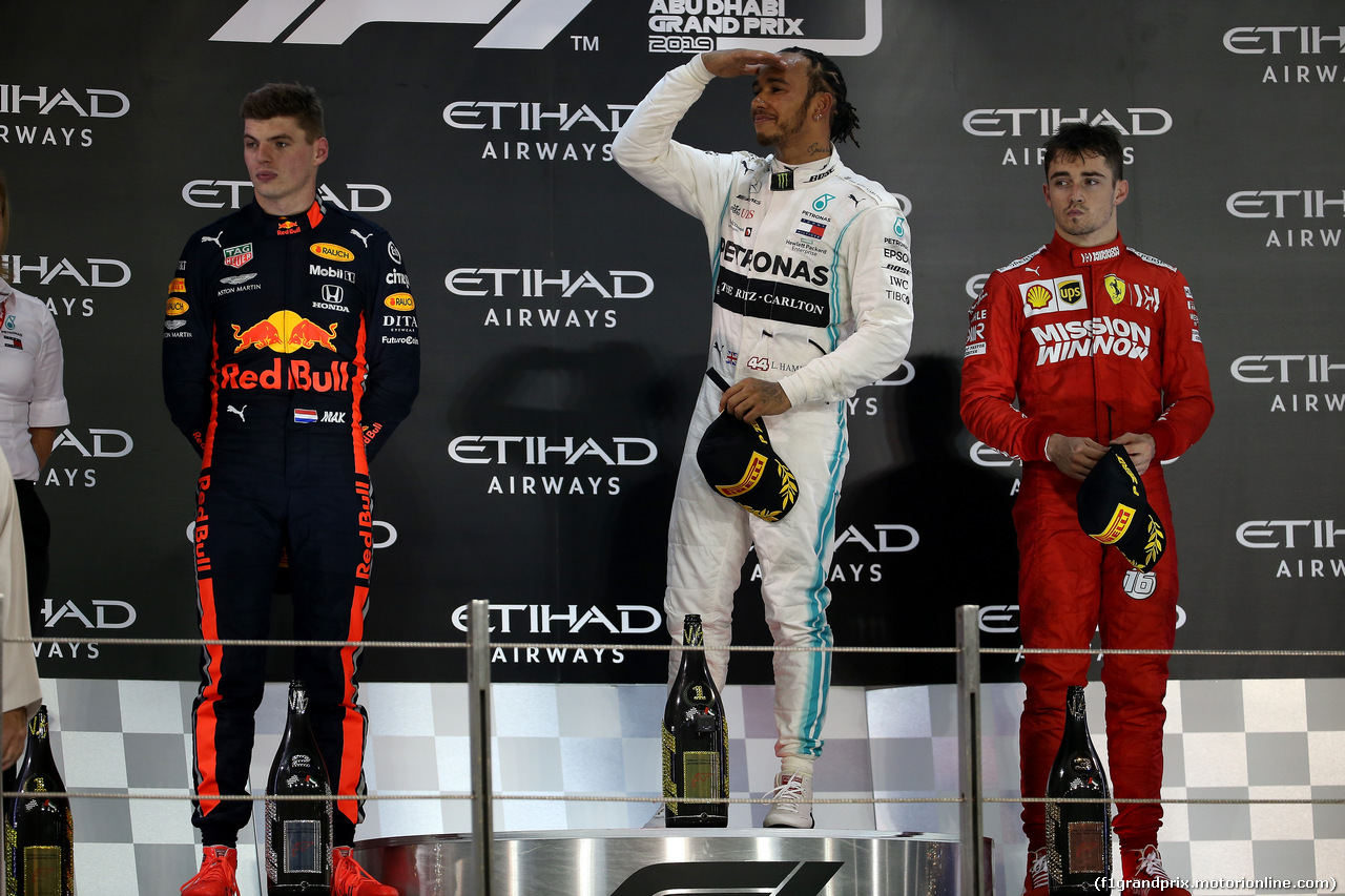 GP ABU DHABI, 1st place Lewis Hamilton (GBR) Mercedes AMG F1 W10, 2nd Max Verstappen (NLD) Red Bull Racing RB15 e 3rd place Charles Leclerc (MON) Ferrari SF90.
01.12.2019.