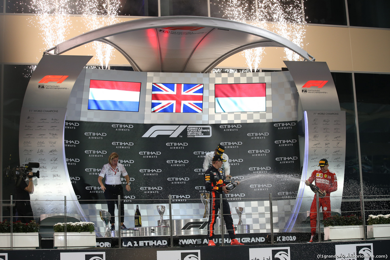GP ABU DHABI, 1st place Lewis Hamilton (GBR) Mercedes AMG F1 W10, 2nd Max Verstappen (NLD) Red Bull Racing RB15 e 3rd place Charles Leclerc (MON) Ferrari SF90.
01.12.2019.