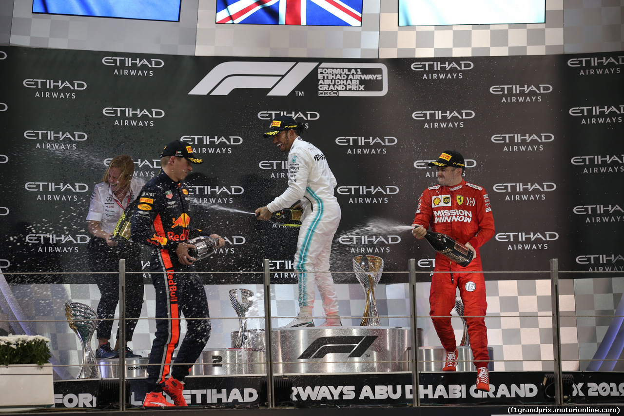 GP ABU DHABI, 1st place Lewis Hamilton (GBR) Mercedes AMG F1 W10, 2nd Max Verstappen (NLD) Red Bull Racing RB15 e 3rd place Charles Leclerc (MON) Ferrari SF90.
01.12.2019.