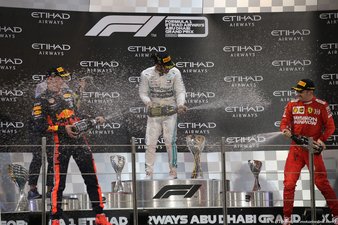 GP ABU DHABI, 1st place Lewis Hamilton (GBR) Mercedes AMG F1 W10, 2nd Max Verstappen (NLD) Red Bull Racing RB15 e 3rd place Charles Leclerc (MON) Ferrari SF90.
01.12.2019.