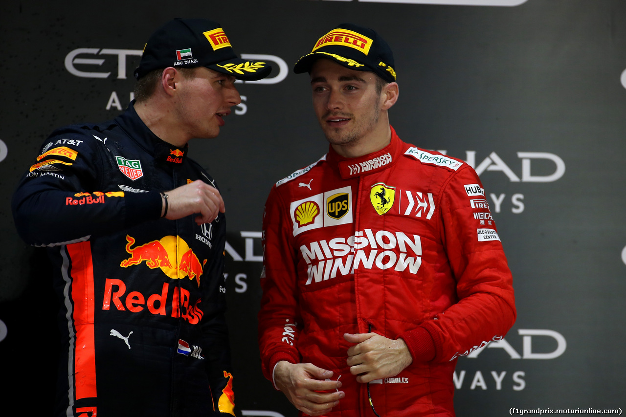 GP ABU DHABI, 2nd place Max Verstappen (NLD) Red Bull Racing RB15 e 3rd place Charles Leclerc (MON) Ferrari SF90.
01.12.2019.