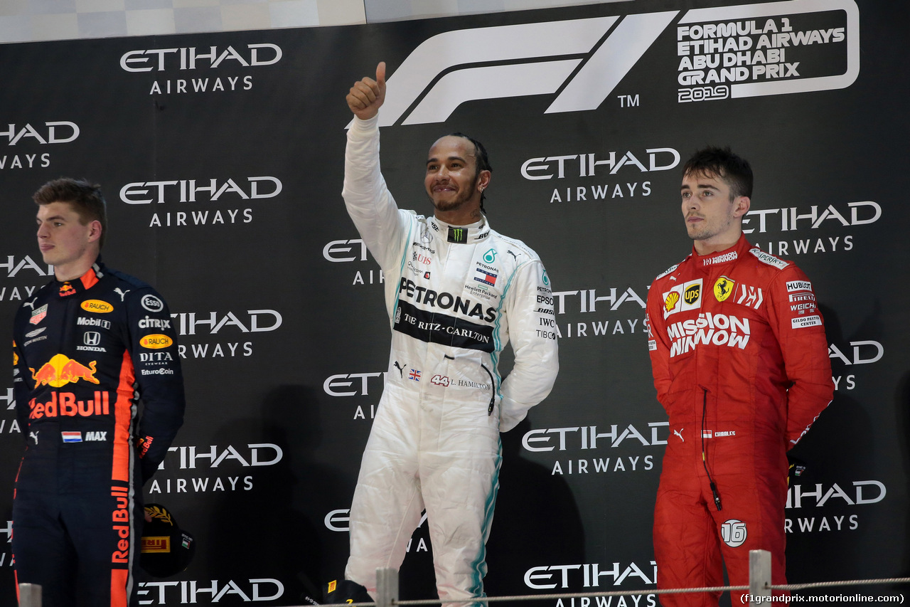GP ABU DHABI, 01.12.2019 - Gara, Lewis Hamilton (GBR) Mercedes AMG F1 W10 vincitore, 2nd place Max Verstappen (NED) Red Bull Racing RB15 e 3rd place Charles Leclerc (MON) Ferrari SF90