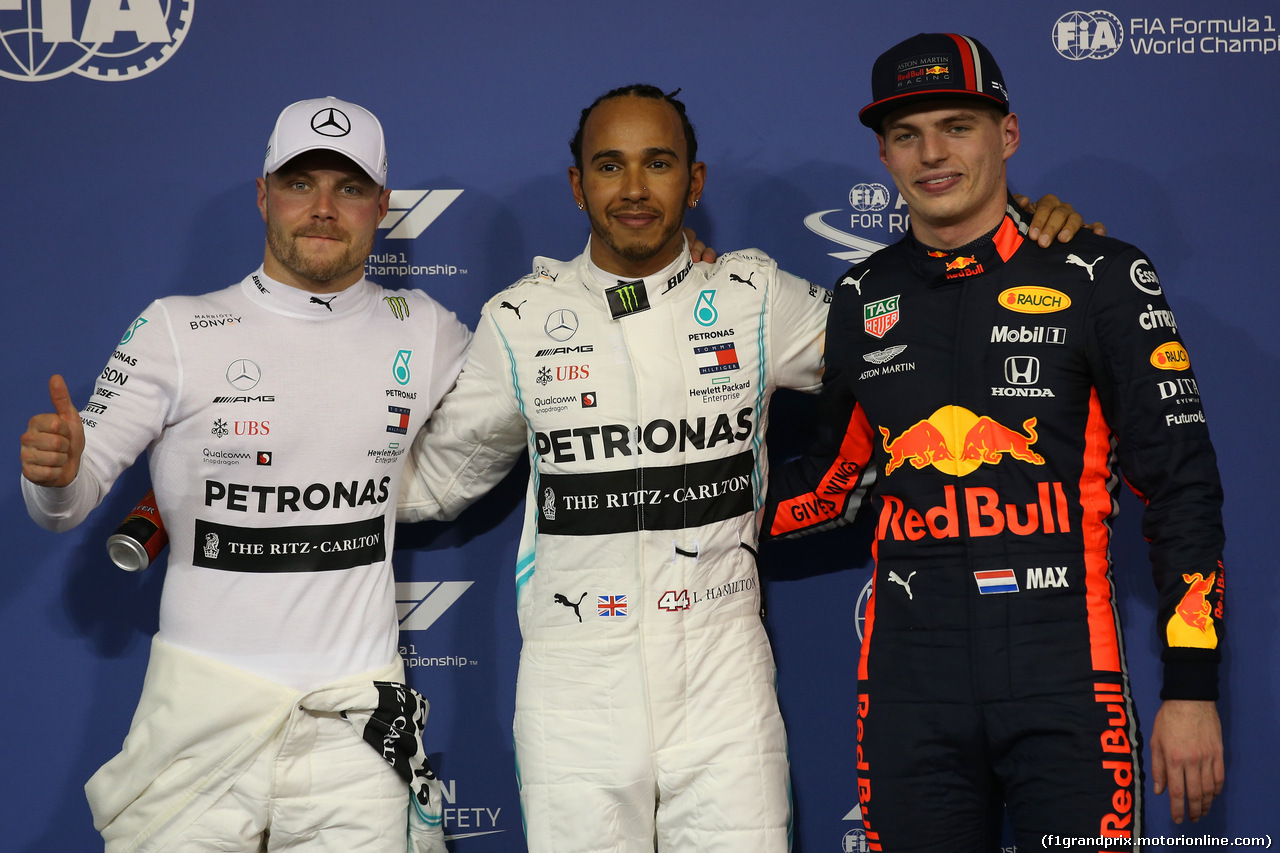 GP ABU DHABI, Pole for Lewis Hamilton (GBR) Mercedes AMG F1 W10, 2nd for Valtteri Bottas (FIN) Mercedes AMG F1 W10 e 3rd for Max Verstappen (NLD) Red Bull Racing RB15. 30.11.2019.