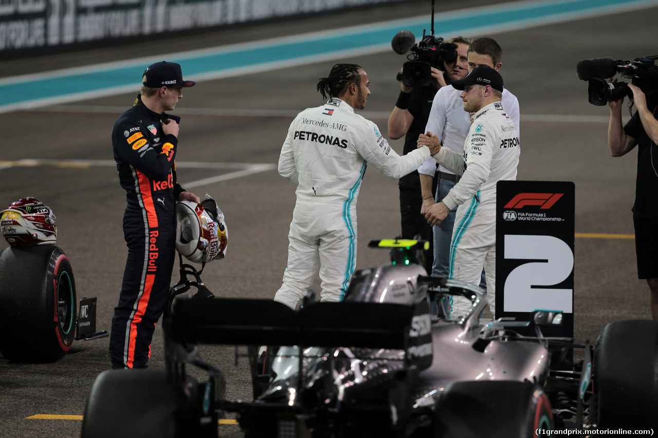 GP ABU DHABI, 30.11.2019 -  Lewis Hamilton (GBR) Mercedes AMG F1 W10 pole position with 2nd place Valtteri Bottas (FIN) Mercedes AMG F1 W010 e 3rd place Max Verstappen (NED) Red Bull Racing RB15