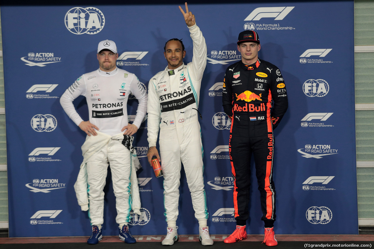 GP ABU DHABI, 30.11.2019 - 2nd place Valtteri Bottas (FIN) Mercedes AMG F1 W010, Lewis Hamilton (GBR) Mercedes AMG F1 W10 pole position e 3rd place Max Verstappen (NED) Red Bull Racing RB15