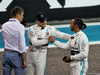 GP ABU DHABI, Lewis Hamilton (GBR) Mercedes AMG F1 in qualifying parc ferme with team mate Valtteri Bottas (FIN) Mercedes AMG F1 e Paul di Resta (GBR) Sky Sports F1 Presenter.
30.11.2019.