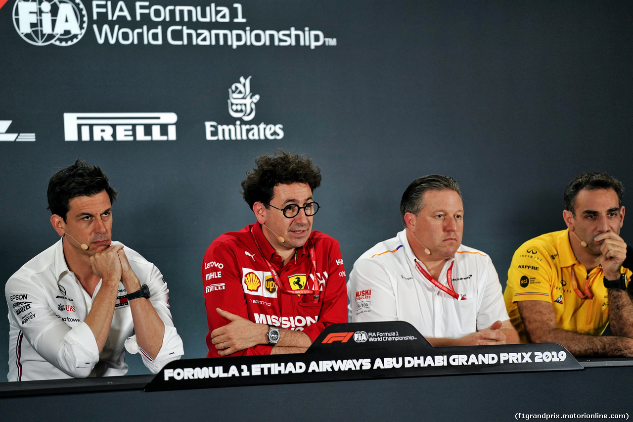 GP ABU DHABI, The FIA Press Conference (L to R): Toto Wolff (GER) Mercedes AMG F1 Shareholder e Executive Director; Mattia Binotto (ITA) Ferrari Team Principal; Zak Brown (USA) McLaren Executive Director; Cyril Abiteboul (FRA) Renault Sport F1 Managing Director.                               
29.11.2019.