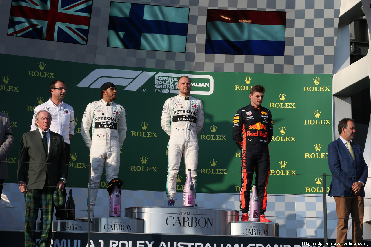 GP AUSTRALIA, 17.03.2019- Podium, winner Valtteri Bottas (FIN) Mercedes AMG F1 W10 EQ Power, 2nd place Lewis Hamilton (GBR) Mercedes AMG F1 W10 EQ Power, 3rd place Max Verstappen (NED) Red Bull Racing RB15