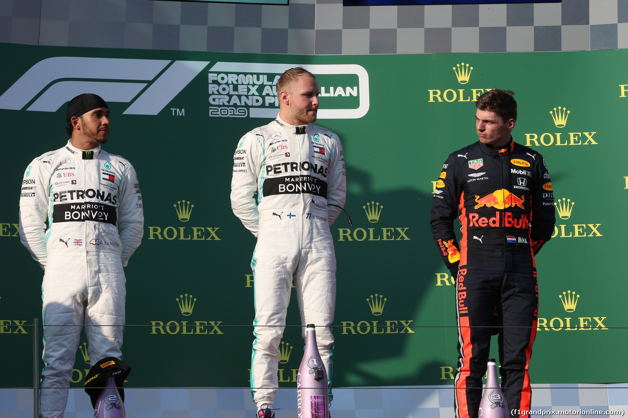 GP AUSTRALIA, 17.03.2019- Podium, winner Valtteri Bottas (FIN) Mercedes AMG F1 W10 EQ Power, 2nd place Lewis Hamilton (GBR) Mercedes AMG F1 W10 EQ Power, 3rd place Max Verstappen (NED) Red Bull Racing RB15
