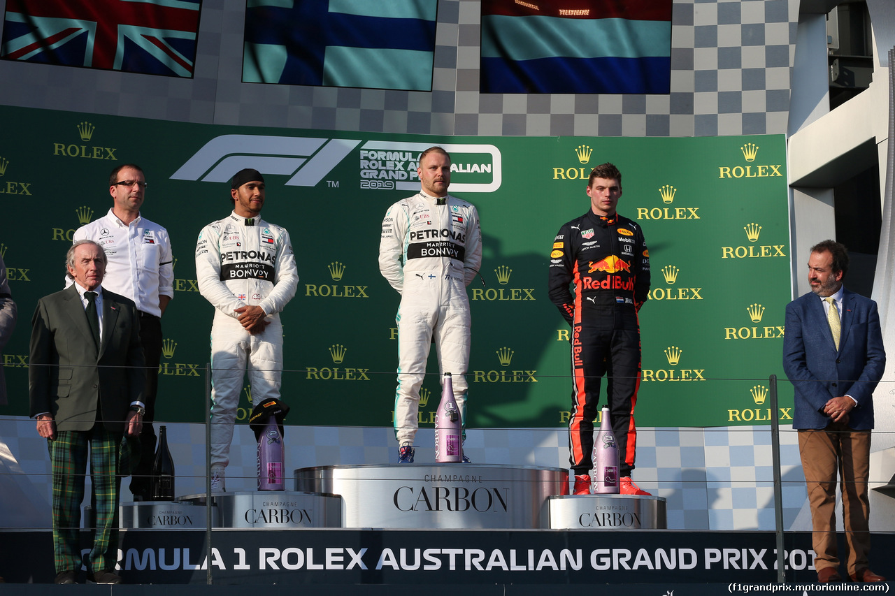 GP AUSTRALIA, 17.03.2019- Podium, winner Valtteri Bottas (FIN) Mercedes AMG F1 W10 EQ Power, 2nd place Lewis Hamilton (GBR) Mercedes AMG F1 W10 EQ Power, 3rd place Max Verstappen (NED) Red Bull Racing RB15