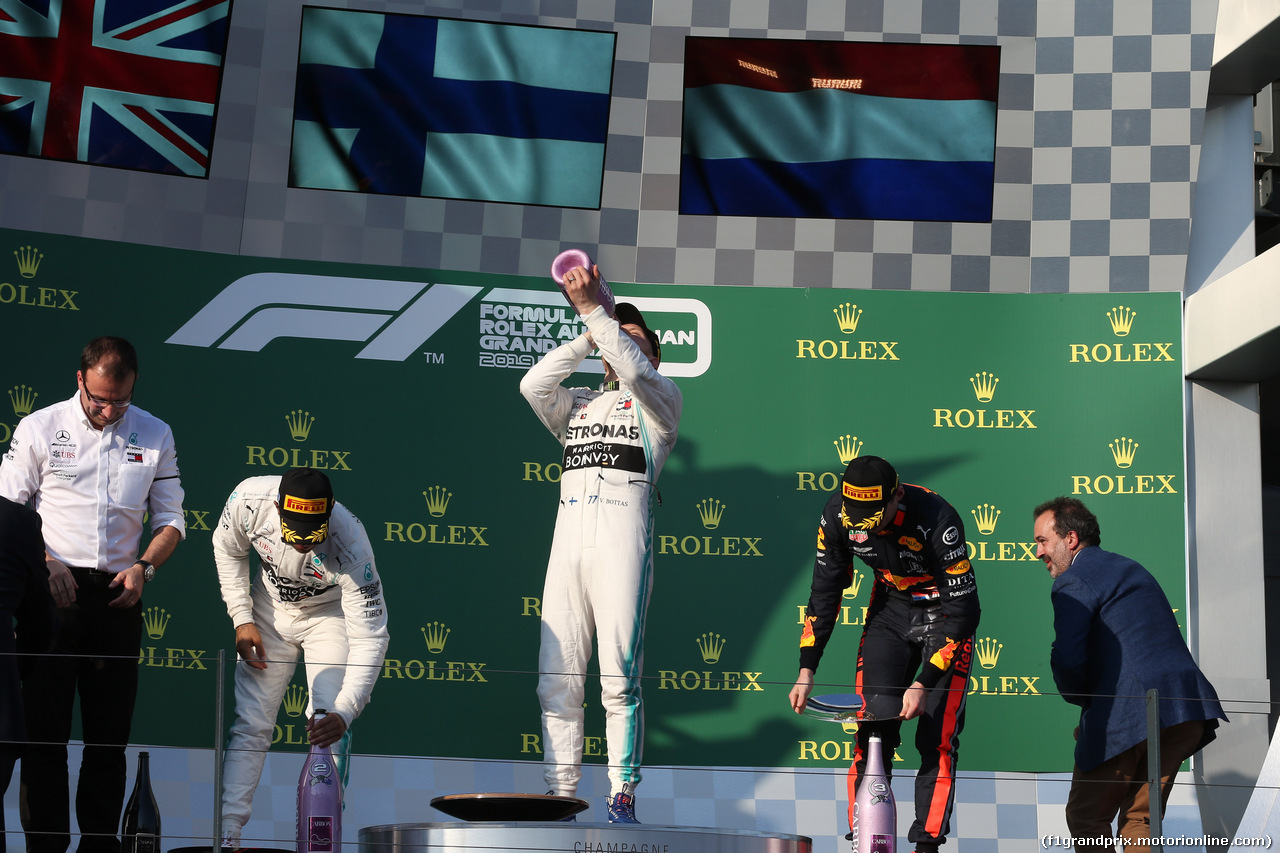 GP AUSTRALIA, 17.03.2019- Podium, winner Valtteri Bottas (FIN) Mercedes AMG F1 W10 EQ Power, 2nd place Lewis Hamilton (GBR) Mercedes AMG F1 W10 EQ Power, 3rd place Max Verstappen (NED) Red Bull Racing RB15