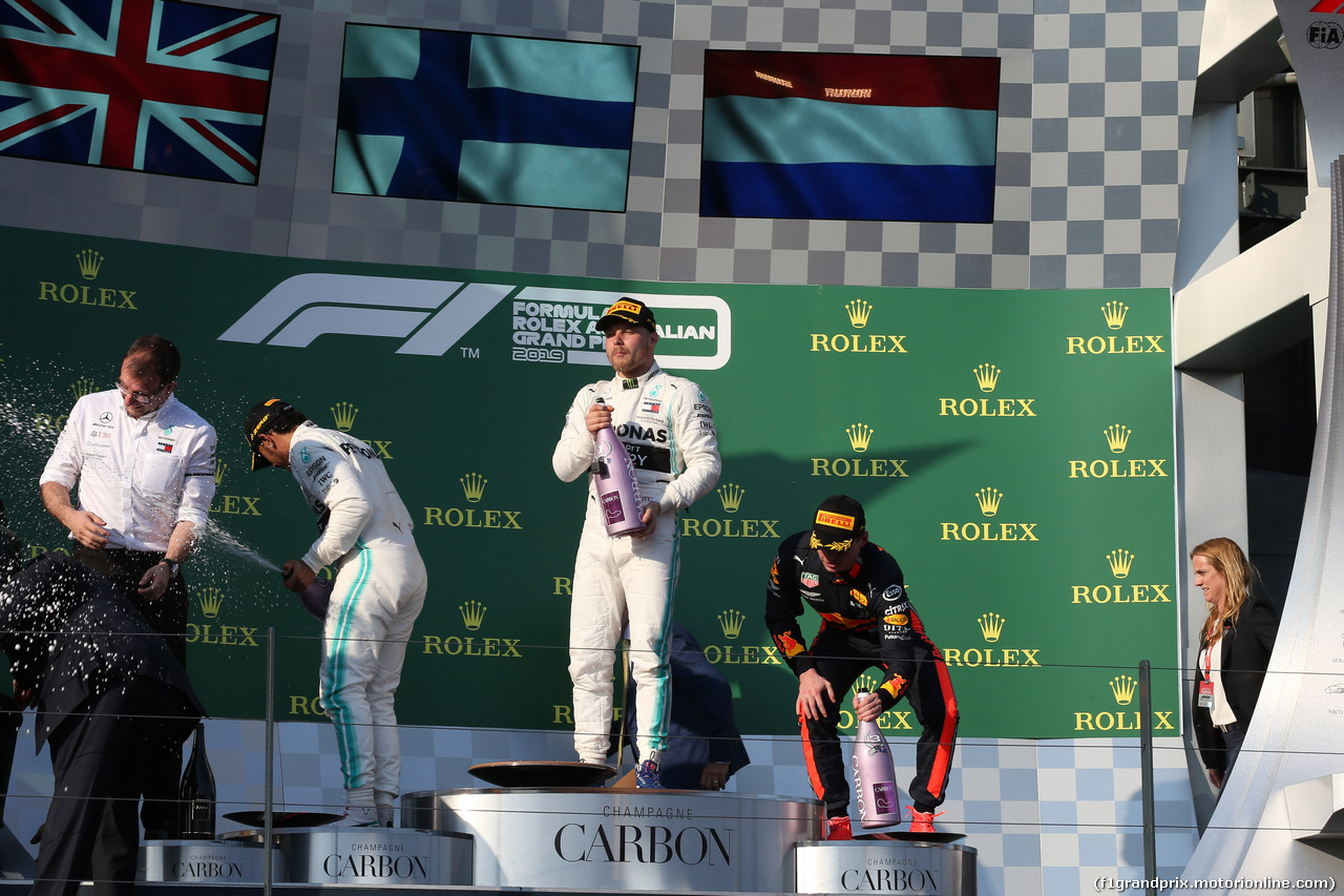 GP AUSTRALIA, 17.03.2019- Podium, winner Valtteri Bottas (FIN) Mercedes AMG F1 W10 EQ Power, 2nd place Lewis Hamilton (GBR) Mercedes AMG F1 W10 EQ Power, 3rd place Max Verstappen (NED) Red Bull Racing RB15