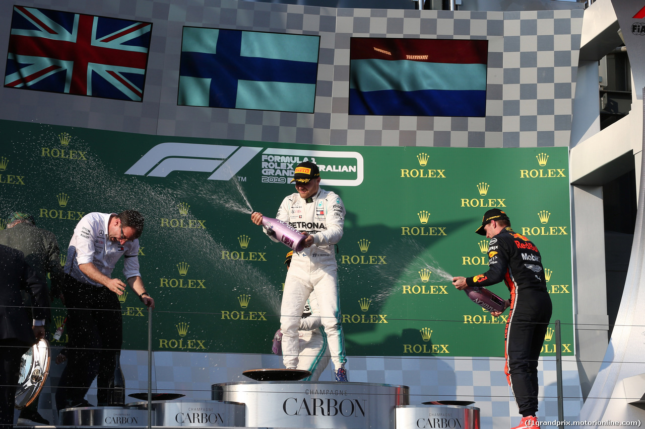 GP AUSTRALIA, 17.03.2019- Podium, winner Valtteri Bottas (FIN) Mercedes AMG F1 W10 EQ Power, 2nd place Lewis Hamilton (GBR) Mercedes AMG F1 W10 EQ Power, 3rd place Max Verstappen (NED) Red Bull Racing RB15