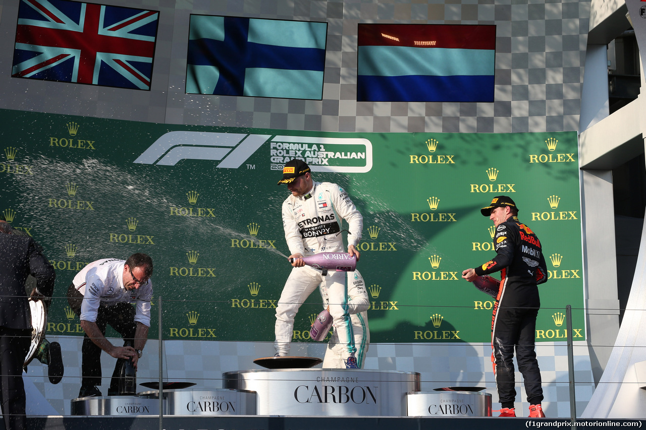 GP AUSTRALIA, 17.03.2019- Podium, winner Valtteri Bottas (FIN) Mercedes AMG F1 W10 EQ Power, 2nd place Lewis Hamilton (GBR) Mercedes AMG F1 W10 EQ Power, 3rd place Max Verstappen (NED) Red Bull Racing RB15