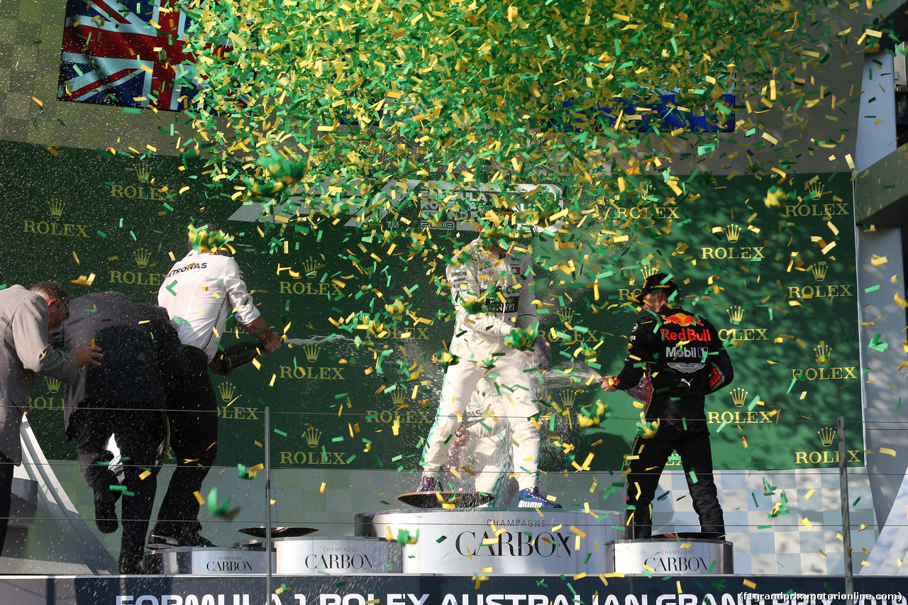 GP AUSTRALIA, 17.03.2019- Podium, winner Valtteri Bottas (FIN) Mercedes AMG F1 W10 EQ Power, 2nd place Lewis Hamilton (GBR) Mercedes AMG F1 W10 EQ Power, 3rd place Max Verstappen (NED) Red Bull Racing RB15
