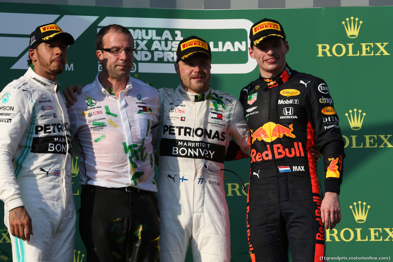 GP AUSTRALIA, 17.03.2019- Podium, winner Valtteri Bottas (FIN) Mercedes AMG F1 W10 EQ Power, 2nd place Lewis Hamilton (GBR) Mercedes AMG F1 W10 EQ Power, 3rd place Max Verstappen (NED) Red Bull Racing RB15