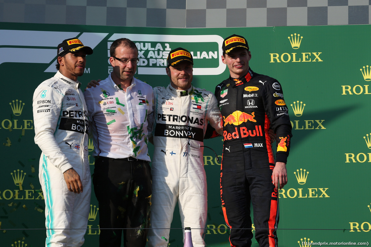 GP AUSTRALIA, 17.03.2019- Podium, winner Valtteri Bottas (FIN) Mercedes AMG F1 W10 EQ Power, 2nd place Lewis Hamilton (GBR) Mercedes AMG F1 W10 EQ Power, 3rd place Max Verstappen (NED) Red Bull Racing RB15