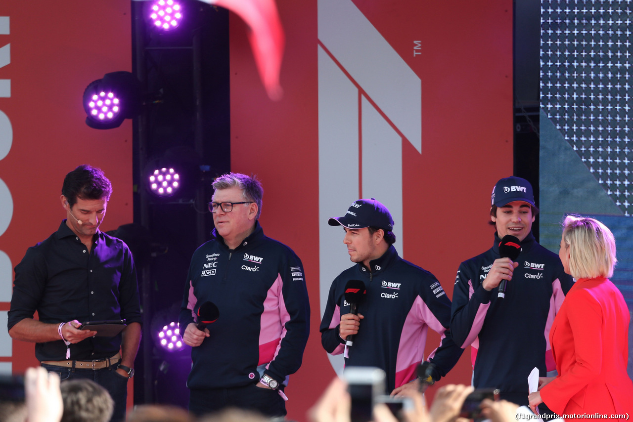 GP AUSTRALIA, 13.03.2019 - Season Launche Event  in Melbourne, L to R Sergio Perez (MEX) Racing Point F1 RP19 e Lance Stroll (CDN) Racing Point F1 RP19