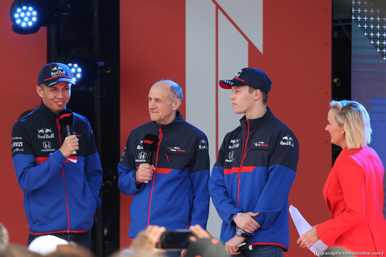 GP AUSTRALIA, 13.03.2019 - Season Launche Event  in Melbourne, L to R Alexader Albon (THA) Scuderia Toro Rosso STR14, Franz Tost, Scuderia Toro Rosso, Team Principal e Daniil Kvyat (RUS) Scuderia Toro Rosso STR14