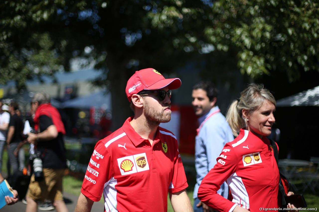 GP AUSTRALIA, 14.03.2019- Sebastian Vettel (GER) Ferrari SF90 with Britta Roeske (GER) Ferrari Press officer