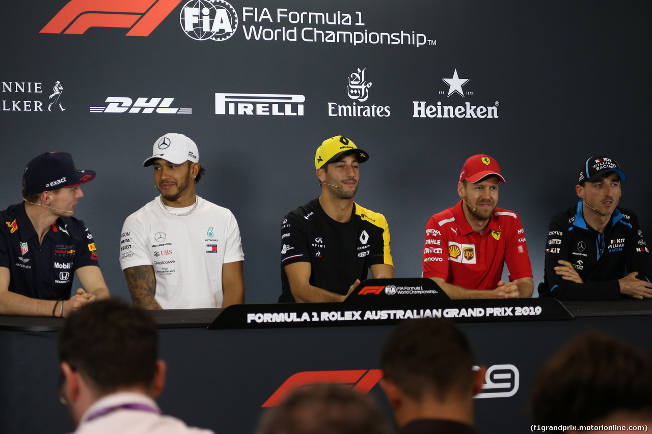 GP AUSTRALIA, 14.03.2019- Official Fia press conference,  L to R Max Verstappen (NED) Red Bull Racing RB15, Lewis Hamilton (GBR) Mercedes AMG F1 W10 EQ Power, Daniel Ricciardo (AUS) Renault Sport F1 Team RS19, Sebastian Vettel (GER) Ferrari SF90 e Robert Kubica (POL) Williams F1 FW42