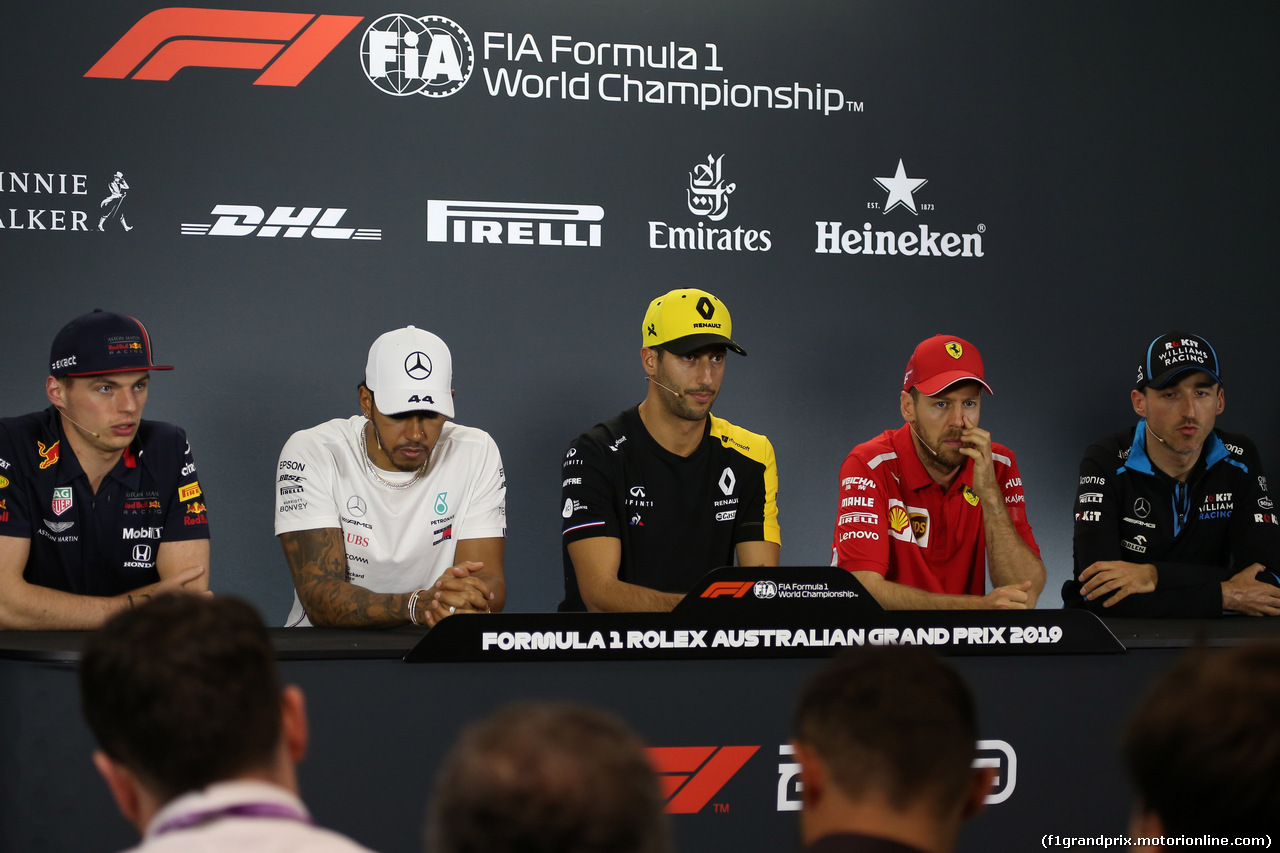 GP AUSTRALIA, 14.03.2019- Official Fia press conference,  L to R Max Verstappen (NED) Red Bull Racing RB15, Lewis Hamilton (GBR) Mercedes AMG F1 W10 EQ Power, Daniel Ricciardo (AUS) Renault Sport F1 Team RS19, Sebastian Vettel (GER) Ferrari SF90 e Robert Kubica (POL) Williams F1 FW42