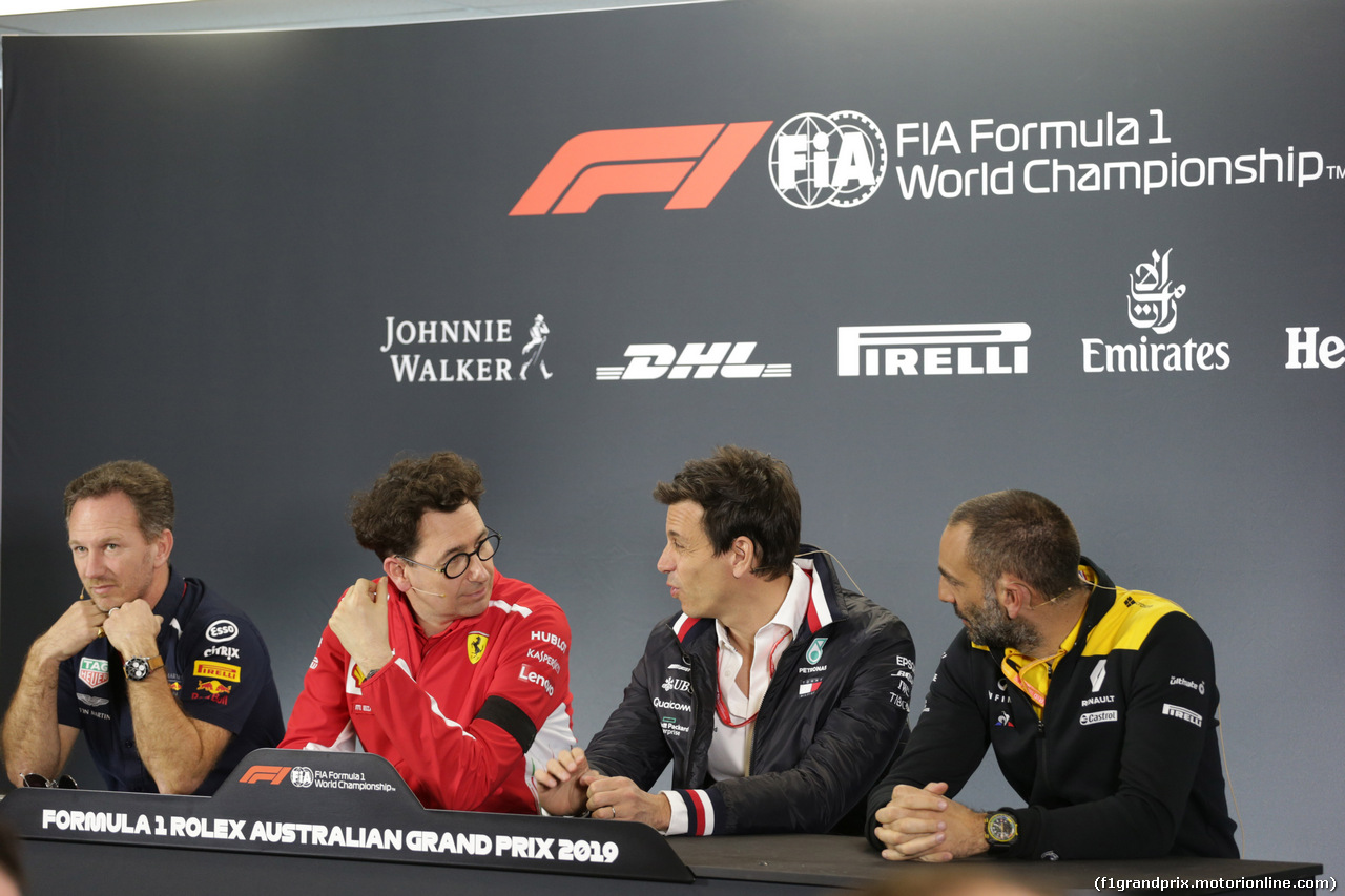 GP AUSTRALIA, 15.03.2019- Official Fia press conference, L to R Christian Horner (GBR), Red Bull Racing, Sporting Director, Mattia Binotto (ITA) Ferrari Team Principal, Toto Wolff (AUT) Sporting Director Mercedes-Benz e Cyril Abiteboul (FRA) Renault Sport F1 Managing Director