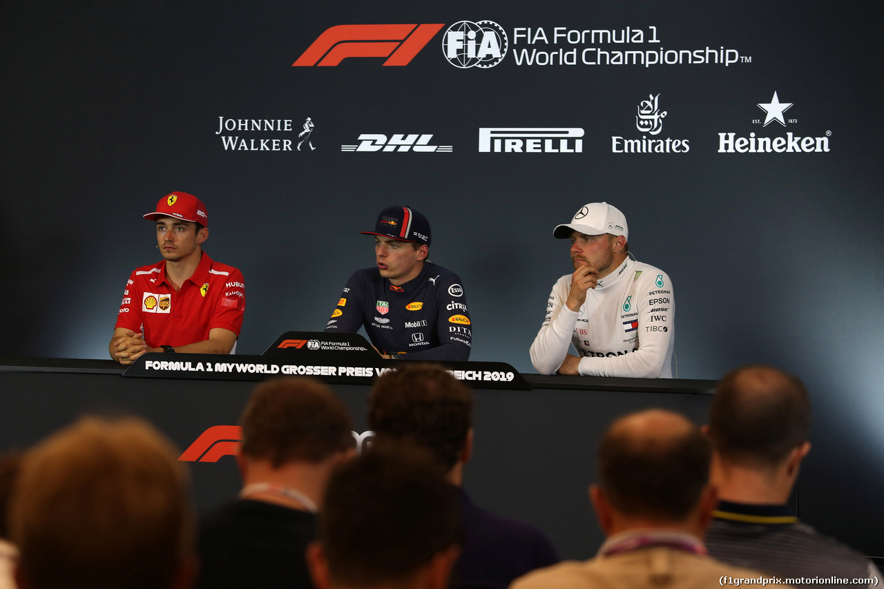 GP AUSTRIA, 30.06.2019 - Gara, Conferenza Stampa, Charles Leclerc (MON) Ferrari SF90, Max Verstappen (NED) Red Bull Racing RB15 e Valtteri Bottas (FIN) Mercedes AMG F1 W010