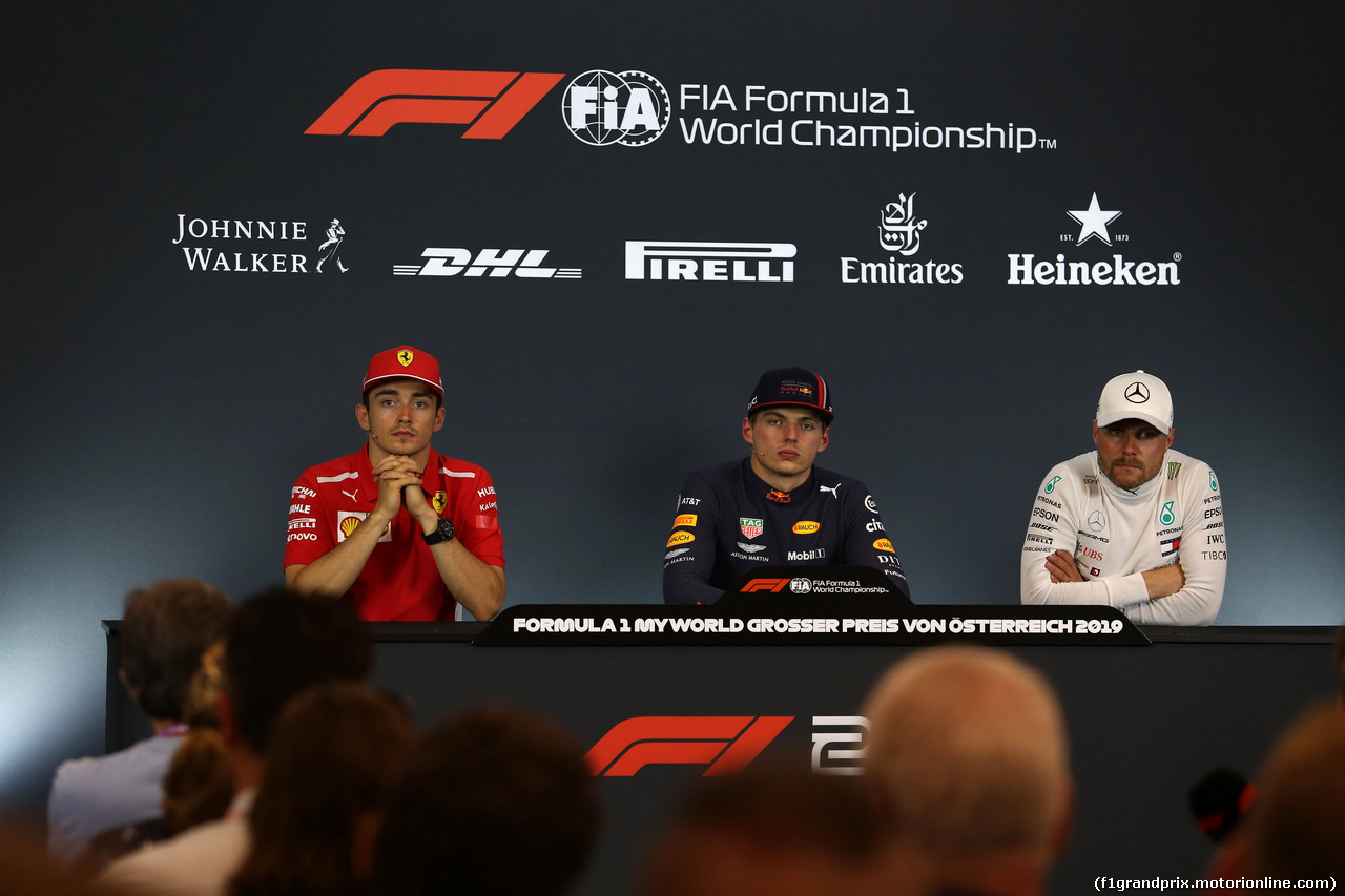 GP AUSTRIA, 30.06.2019 - Gara, Conferenza Stampa, Charles Leclerc (MON) Ferrari SF90, Max Verstappen (NED) Red Bull Racing RB15 e Valtteri Bottas (FIN) Mercedes AMG F1 W010