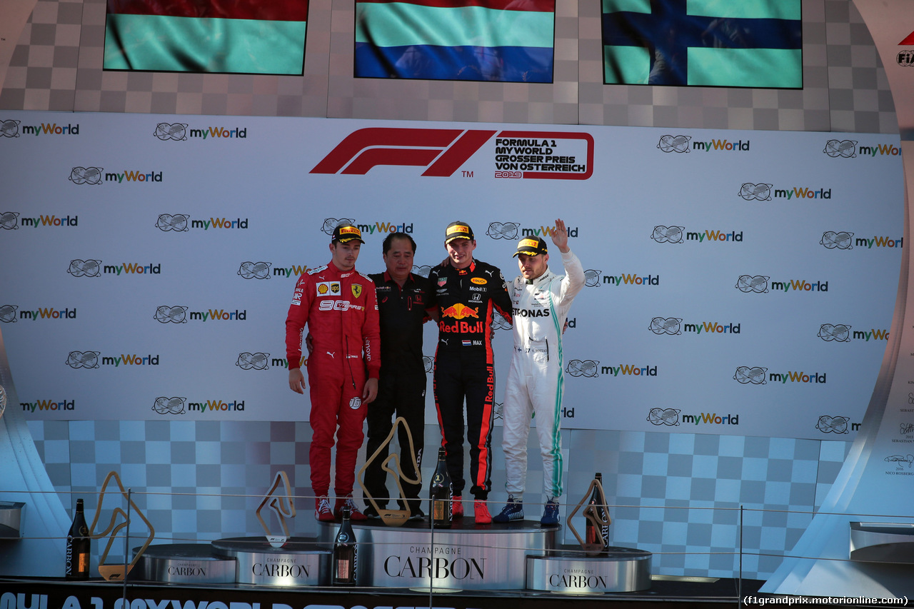 GP AUSTRIA, 30.06.2019 - Gara, 1st place Max Verstappen (NED) Red Bull Racing RB15, 2nd place Charles Leclerc (MON) Ferrari SF90 e 3rd place Valtteri Bottas (FIN) Mercedes AMG F1 W010