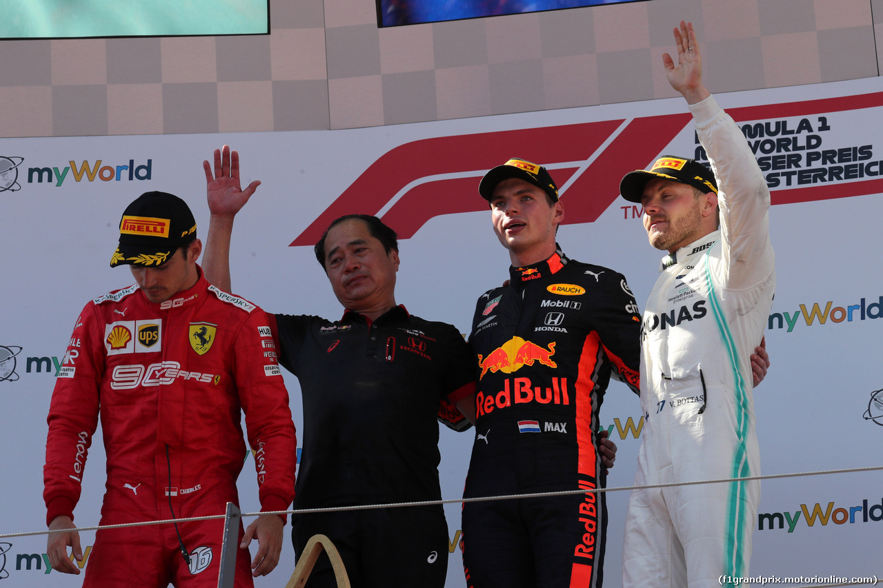 GP AUSTRIA, 30.06.2019 - Gara, 1st place Max Verstappen (NED) Red Bull Racing RB15, 2nd place Charles Leclerc (MON) Ferrari SF90 e 3rd place Valtteri Bottas (FIN) Mercedes AMG F1 W010