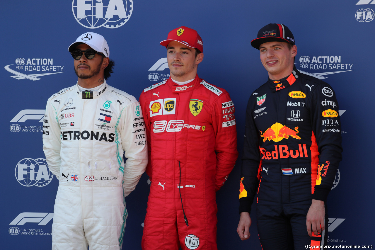GP AUSTRIA, 29.06.2019 - Qualifiche, 2nd place Lewis Hamilton (GBR) Mercedes AMG F1 W10, Charles Leclerc (MON) Ferrari SF90 pole position e 3rd place Max Verstappen (NED) Red Bull Racing RB15