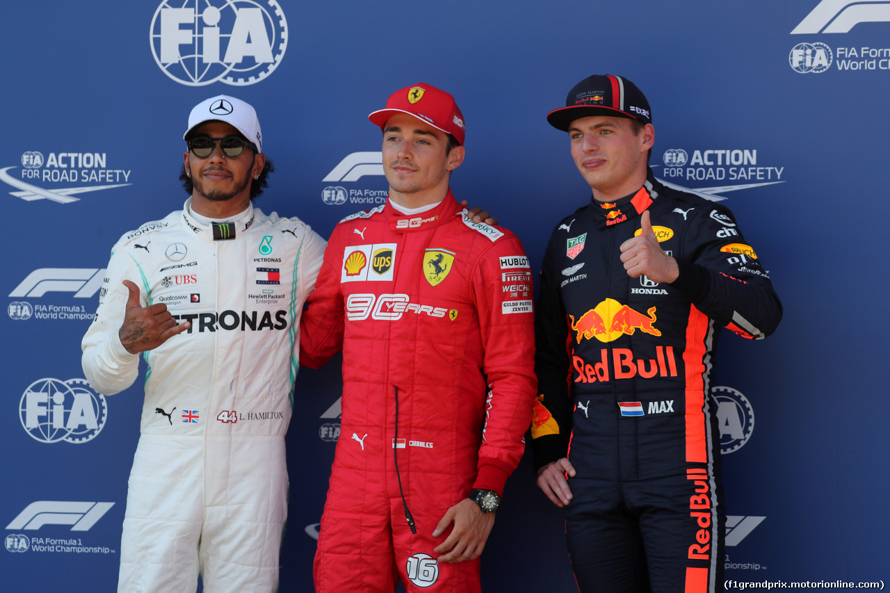 GP AUSTRIA, 29.06.2019 - Qualifiche, 2nd place Lewis Hamilton (GBR) Mercedes AMG F1 W10, Charles Leclerc (MON) Ferrari SF90 pole position e 3rd place Max Verstappen (NED) Red Bull Racing RB15