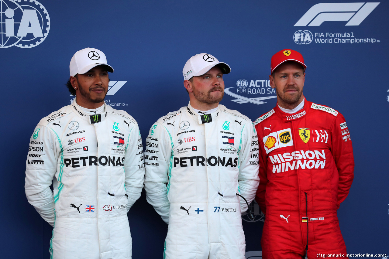 GP AZERBAIJAN, 27.04.2019 - Qualifiche, 2nd place Lewis Hamilton (GBR) Mercedes AMG F1 W10, Valtteri Bottas (FIN) Mercedes AMG F1 W010 pole position e 3rd place Sebastian Vettel (GER) Ferrari SF90