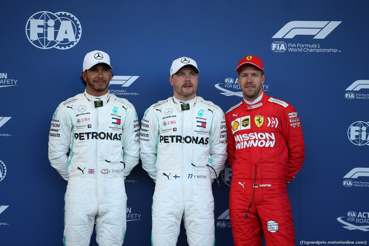 GP AZERBAIJAN, 27.04.2019 - Qualifiche, 2nd place Lewis Hamilton (GBR) Mercedes AMG F1 W10, Valtteri Bottas (FIN) Mercedes AMG F1 W010 pole position e 3rd place Sebastian Vettel (GER) Ferrari SF90