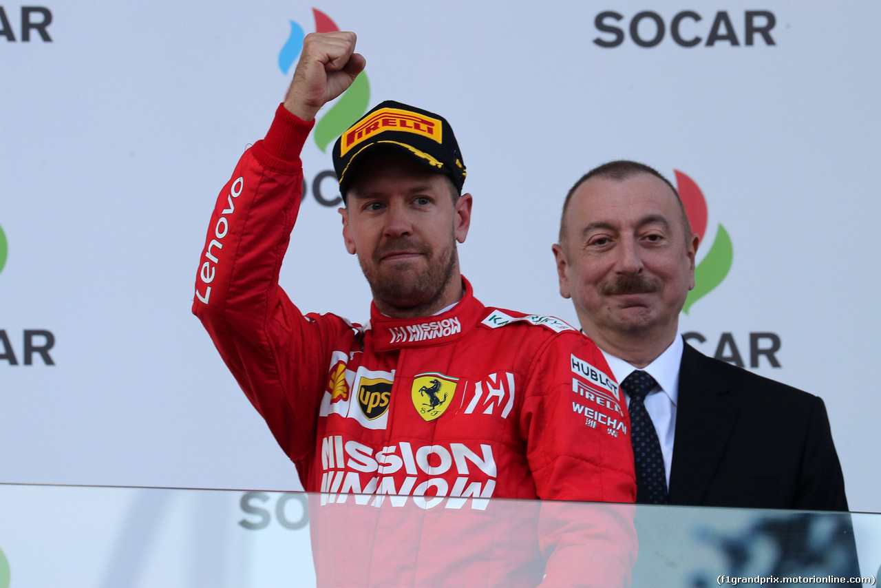 GP AZERBAIJAN, 28.04.2019 - Gara, 3rd place Sebastian Vettel (GER) Ferrari SF90 e Ilham Aliyev (AZ) President of Azerbaijan