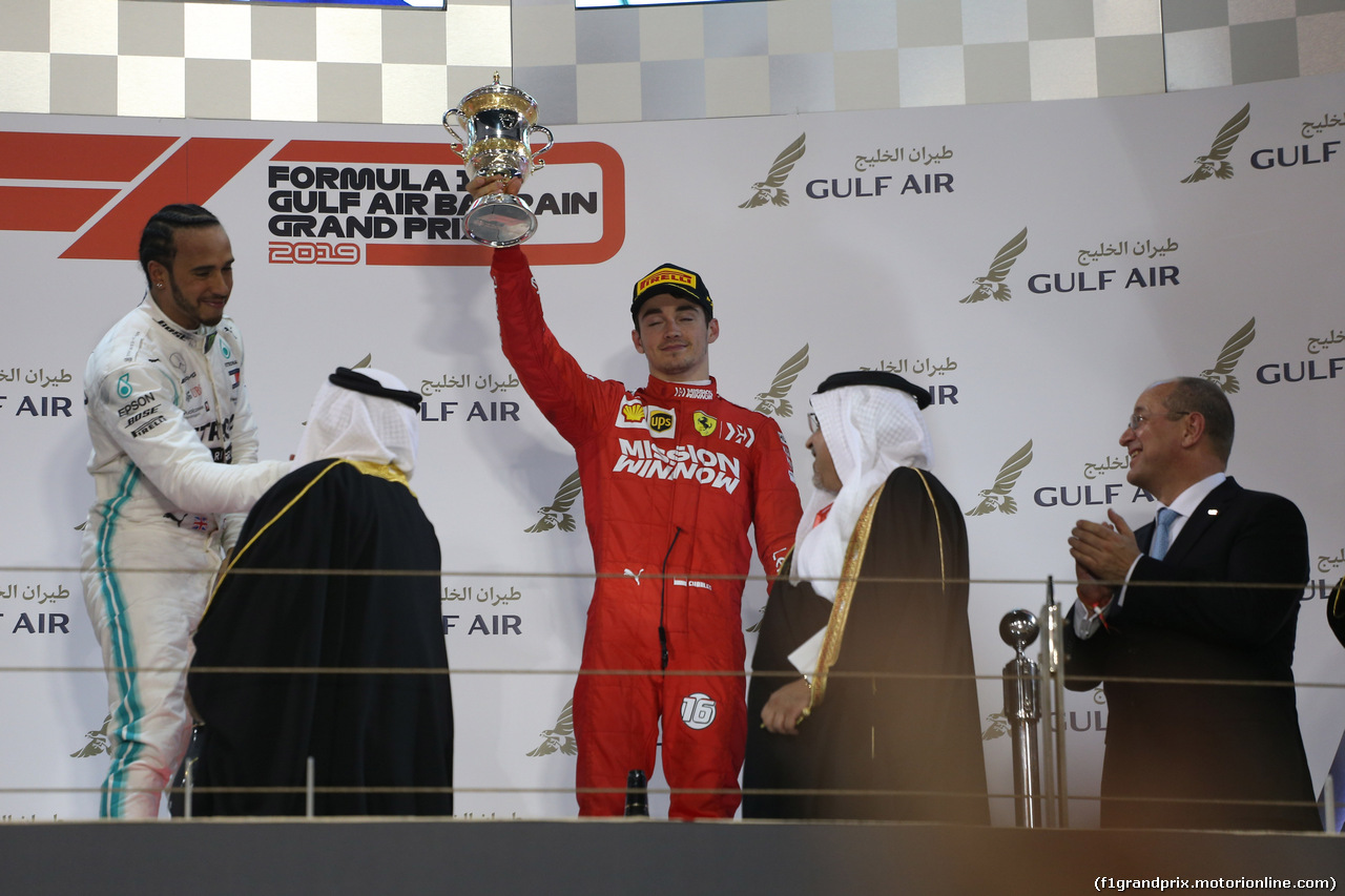 GP BAHRAIN, 31.03.2019- Podium, winner Lewis Hamilton (GBR) Mercedes AMG F1 W10 EQ Power, 2nd place Valtteri Bottas (FIN) Mercedes AMG F1 W10 EQ Power, 3rd place Charles Leclerc (MON) Ferrari SF90