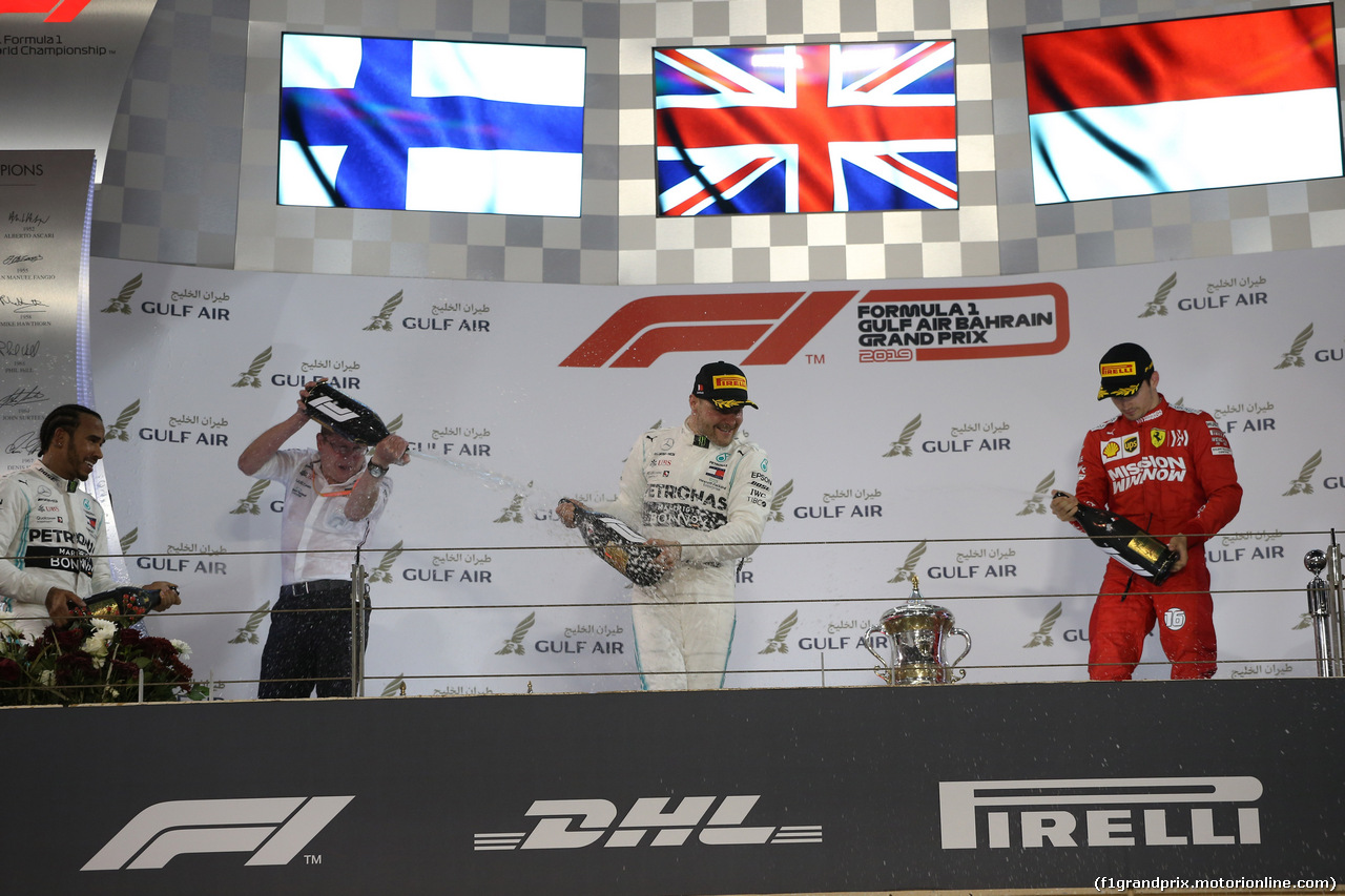 GP BAHRAIN, 31.03.2019- Podium, winner Lewis Hamilton (GBR) Mercedes AMG F1 W10 EQ Power, 2nd place Valtteri Bottas (FIN) Mercedes AMG F1 W10 EQ Power, 3rd place Charles Leclerc (MON) Ferrari SF90