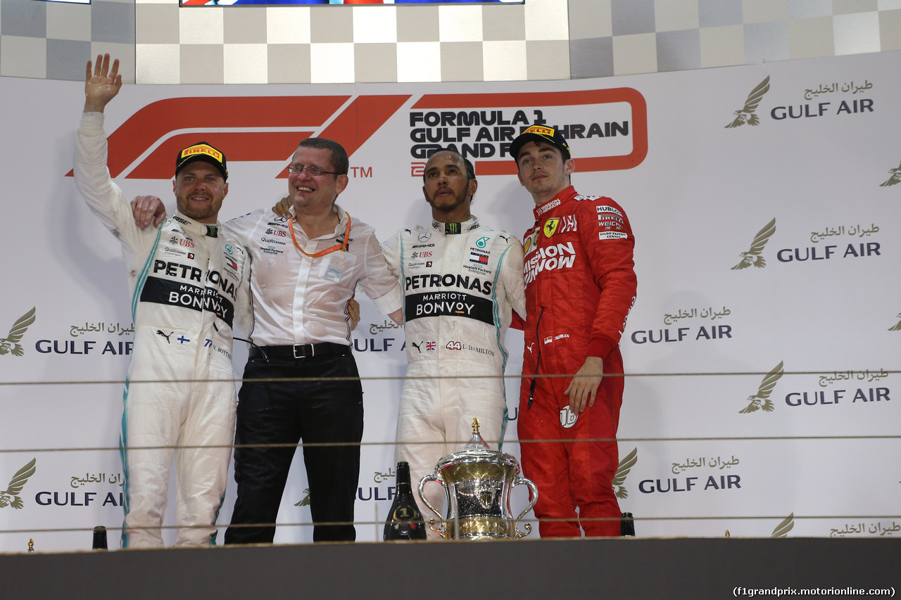 GP BAHRAIN, 31.03.2019- Podium, winner Lewis Hamilton (GBR) Mercedes AMG F1 W10 EQ Power, 2nd place Valtteri Bottas (FIN) Mercedes AMG F1 W10 EQ Power, 3rd place Charles Leclerc (MON) Ferrari SF90