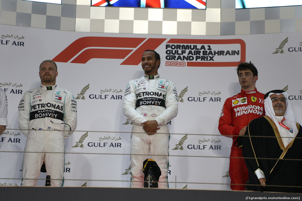GP BAHRAIN, 31.03.2019- Podium, winner Lewis Hamilton (GBR) Mercedes AMG F1 W10 EQ Power, 2nd place Valtteri Bottas (FIN) Mercedes AMG F1 W10 EQ Power, 3rd place Charles Leclerc (MON) Ferrari SF90