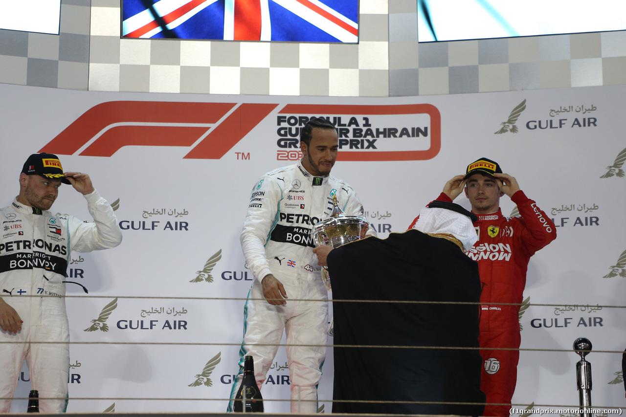 GP BAHRAIN, 31.03.2019- Podium, winner Lewis Hamilton (GBR) Mercedes AMG F1 W10 EQ Power, 2nd place Valtteri Bottas (FIN) Mercedes AMG F1 W10 EQ Power, 3rd place Charles Leclerc (MON) Ferrari SF90