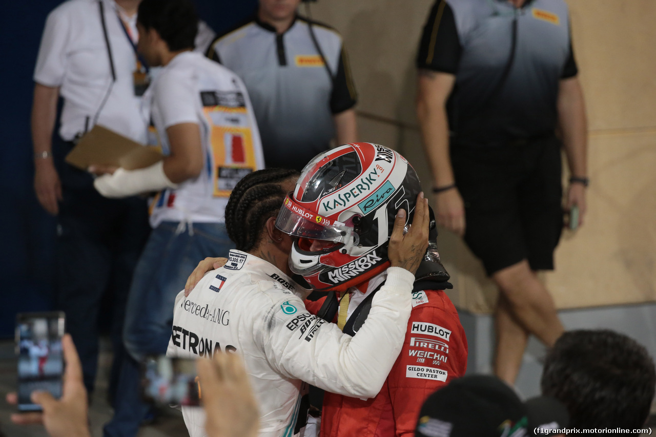 GP BAHRAIN, 31.03.2019- Parc ferme, Lewis Hamilton (GBR) Mercedes AMG F1 W10 EQ Power e Charles Leclerc (MON) Ferrari SF90