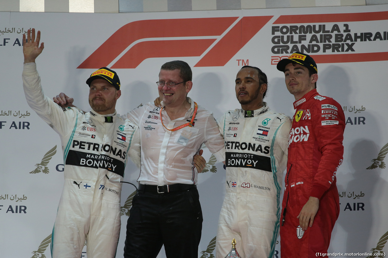 GP BAHRAIN, 31.03.2019- podium, winner Lewis Hamilton (GBR) Mercedes AMG F1 W10 EQ Power, 2nd place Valtteri Bottas (FIN) Mercedes AMG F1 W10 EQ Power, 3rd place Charles Leclerc (MON) Ferrari SF90