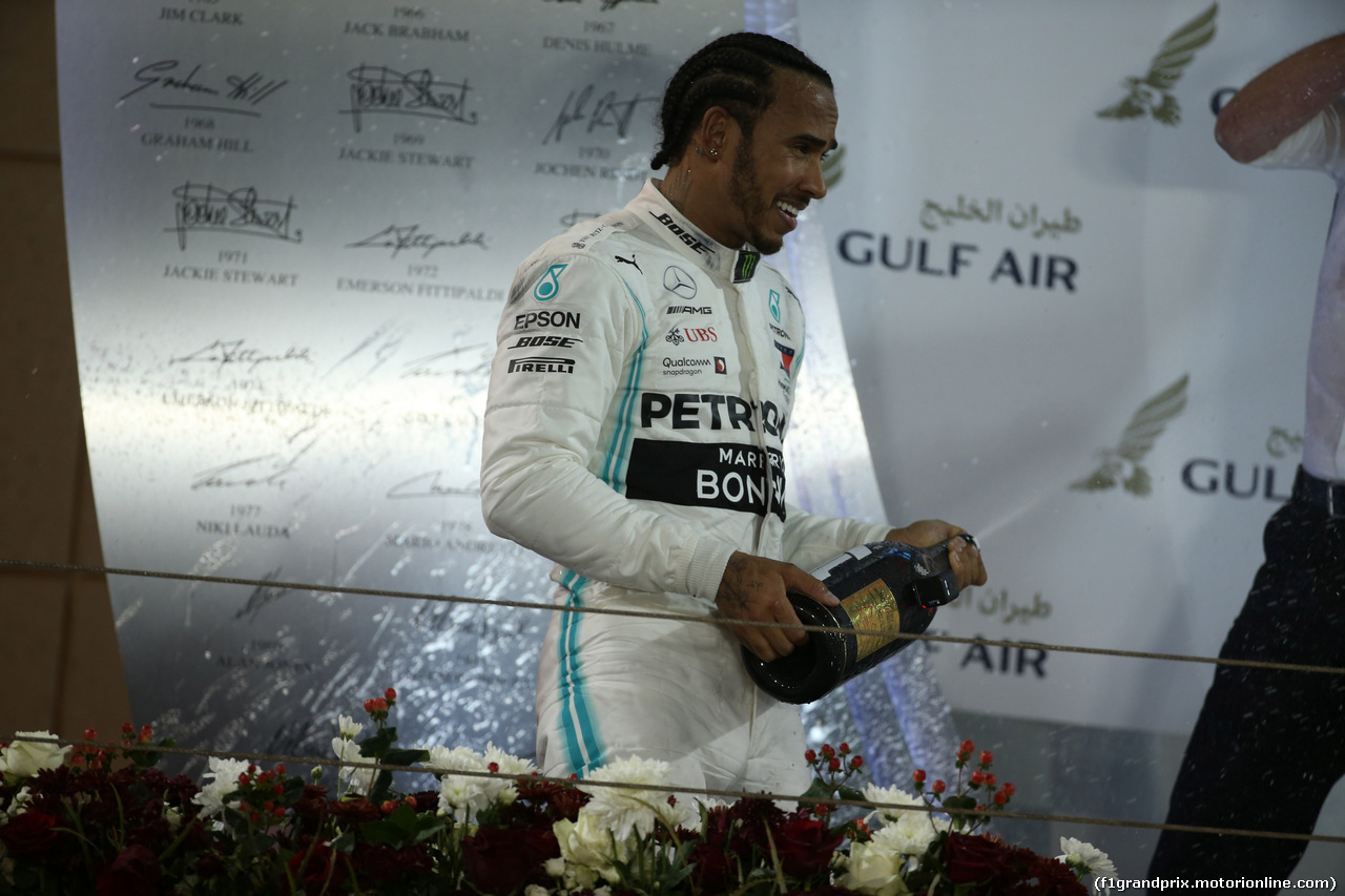 GP BAHRAIN, 31.03.2019- podium, winner Lewis Hamilton (GBR) Mercedes AMG F1 W10 EQ Power, 2nd place Valtteri Bottas (FIN) Mercedes AMG F1 W10 EQ Power, 3rd place Charles Leclerc (MON) Ferrari SF90