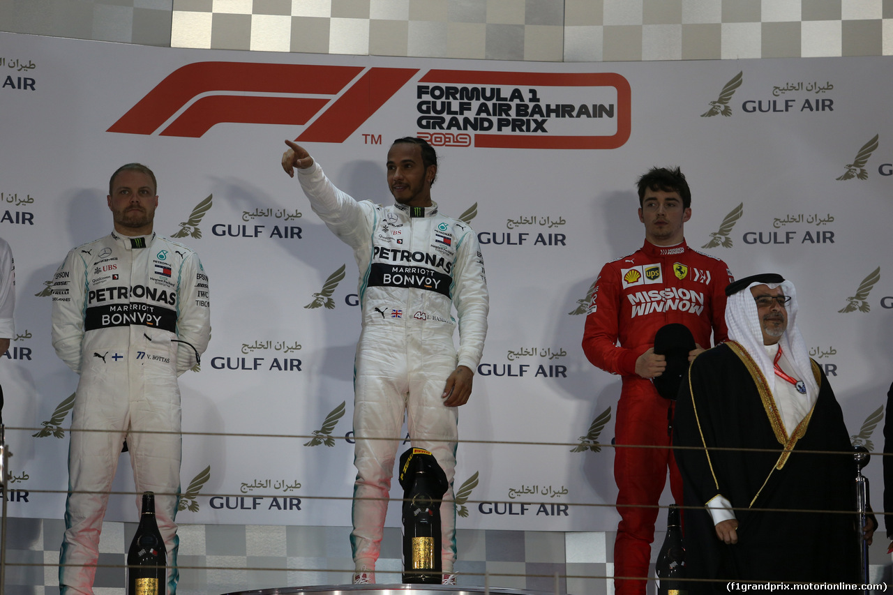 GP BAHRAIN, 31.03.2019- podium, winner Lewis Hamilton (GBR) Mercedes AMG F1 W10 EQ Power, 2nd place Valtteri Bottas (FIN) Mercedes AMG F1 W10 EQ Power, 3rd Lance Stroll (CDN) Racing Point F1 RP19